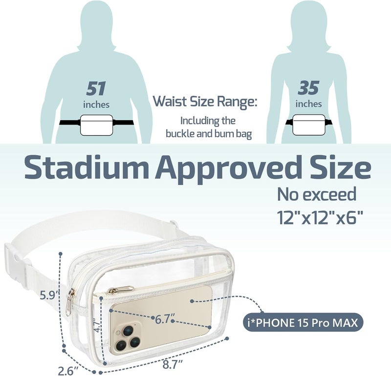 Veckle Clear Fanny Pack Stadium Approved - Plus Size Only 35" - 51" Transparent Belt Bag for Women Crossbody Clear Bag for Stadium Events for Sports Concerts, White - Image 3